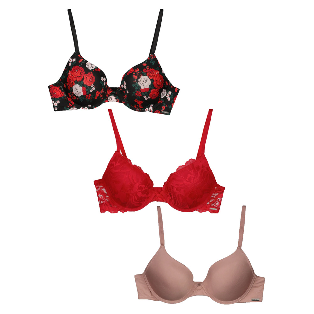 Tahari Women's 3 Pack Padded Underwired Textured Bras, Size 36C Red/Black/Mauve